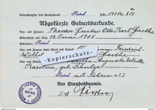 Theodor Garthe in Rostock , 1927 , Standesamt , Martha Schulze , Stempel , Kirche , Mecklenburg !!