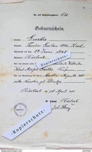 Theodor Garthe in Rostock , 1905 , Geburtsschein , Geburt , Martha Schulze , Stempel , Kirche !!