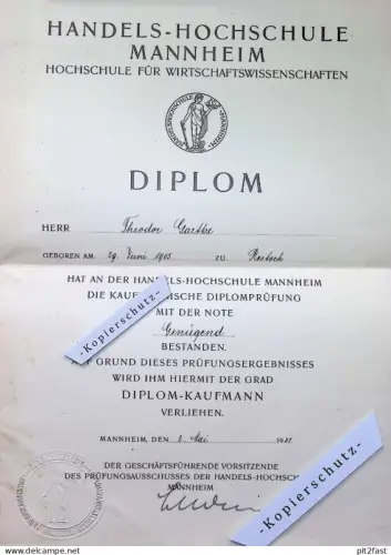 Margarineindustrie , Theodor Garthe in Rostock , 1905 , Diplom , Mannheim 1931 , Hochschule , Urkunde !!