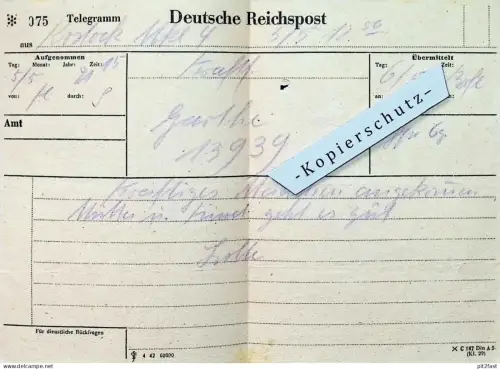 Telegramm - Deutsche Reichspost in Rostock , 1939 , Theodor Garthe , Geburt !!