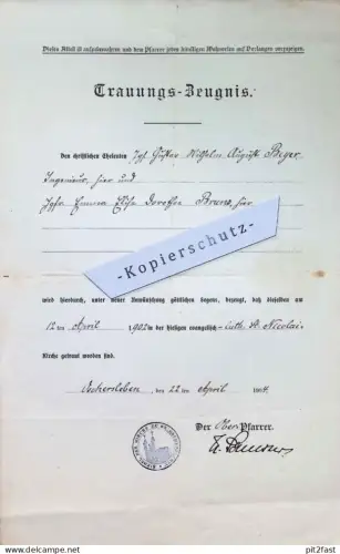 Trauungs-Zeugnis , 1904 , Oschersleben , Gustav Beyer , Elise Bruns , Kirche , Pfarrer !!