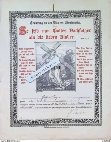 Urkunde Konfirmation , 1890 , Neustadt i. Mecklenburg , Gustav Beyer , Kirche , Taufe !!
