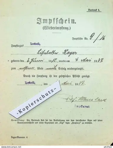 Impfschein , Liselotte Beyer in Rostock , 1927 , Impfarzt , Arzt , Impfung !!!