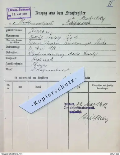 Staatsanwaltschaft Stralsund , 1907 , Gottlieb Köppen , Neubrandenburg , Neustrelitz , Eisenbahn Inspektion !!!