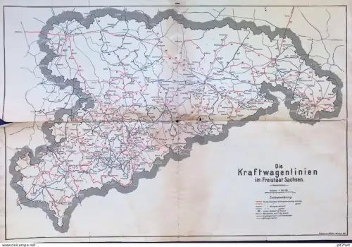 Die Kraftwagen-Linien - Freistaat Sachsen 1928 , alte Karte , Eisenbahn , Schmalspurbahn , Züge , Reichspost , D-Zug !!!