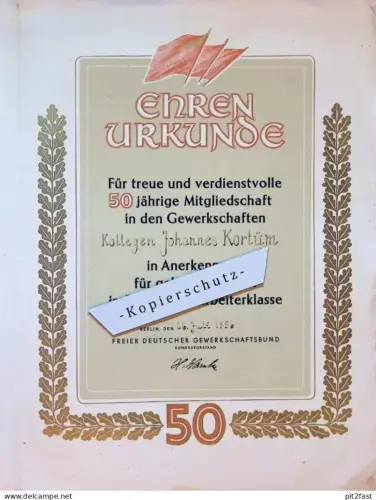 Urkunde , 1956 ,  Johannes Kortüm , Reichsbahn / Eisenbahn , altes Dokument , Berlin / Schwerin in Mecklenburg , FDGB !!