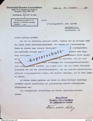 Gewerkschaft Deutscher Lokomotivführer , 1932 ,  Johannes Kortüm , Reichsbahn , altes Dokument , Schwerin in Mecklenburg