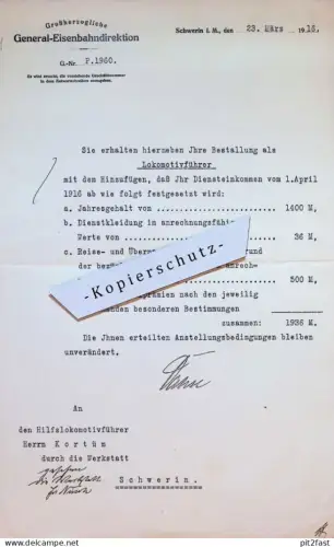 Großherzogliche General - Eisenbahn Direktion , 1916 ,  J. Kortüm , Reichsbahn , altes Dokument , Schwerin !!