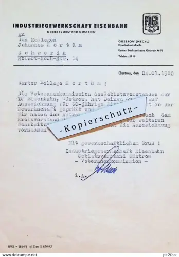 FDGB . Eisenbahn Güstrow i. Mecklenburg , 1960 , Johannes Kortüm , 1960 , Reichsbahn , altes Dokument , Schwerin !!