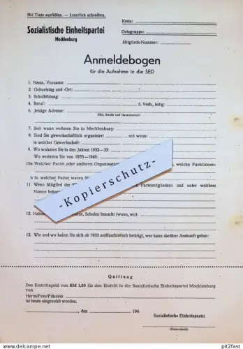 SED - Mecklenburg , Anmeldebogen blanko , 1945 , NSDAP , SS , HJ , SA , Ortsgruppe , extrem RAR !!