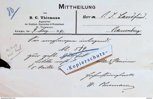 Agentur B.C. Thiemann in Laage b-. Rostock in Mecklenburg , 1891 , J. Landfried in Nauenburg , altes Dokument !