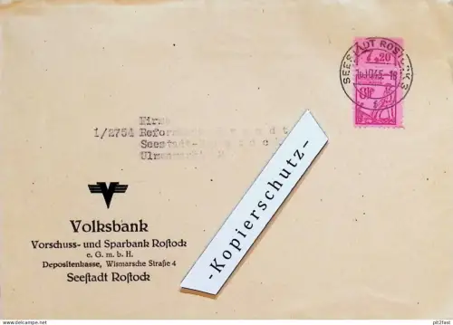 Volksbank Rostock in Mecklenburg , 1945 . alter Umschlag / Brief , Reklame , Bank , Sparkasse , Reformhaus Brandt !