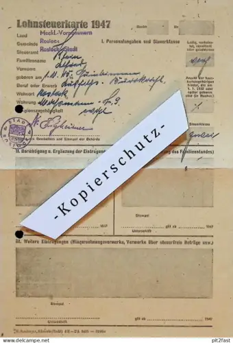 Lohnsteuerkarte - Rostock Stadt - 1947 - Alfred Klein -  Mecklenburg !!