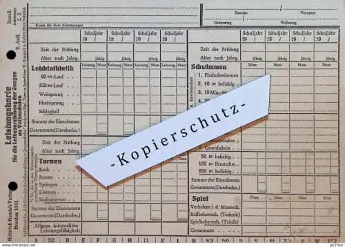 Leistungskarte - Breslau / Wrocław - 1942 - Leitathletik , Sport , Turnen , Schwimmen , Schule , Musterung , Schlesien !