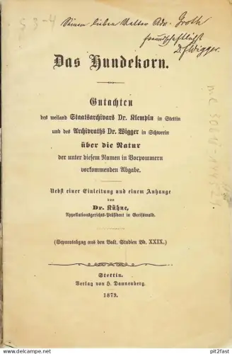 Das Hundekorn - altes Buch - Stettin 1897 - von Dannenberg , Wigger in Schwerin , Mecklenburg , Vorpommern , Greifswald
