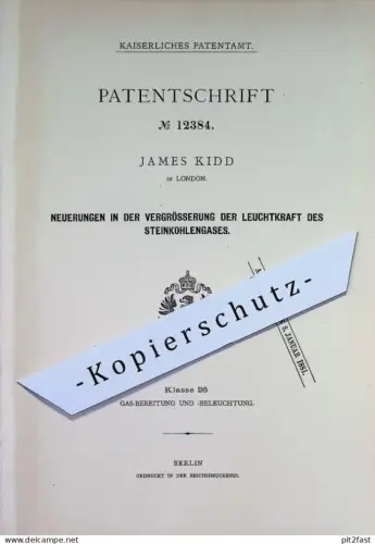 original Patent - James Kidd , London , England | 1880 | Vergrößerung der Leuchtkraft von Steinkohlengas | Gas Öl Lampe