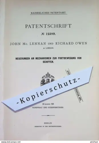 original Patent - John Mc. Lennan , Richard Owen , London , England | 1880 | Fortbewegung der Schiffe | Schiff Schiffbau