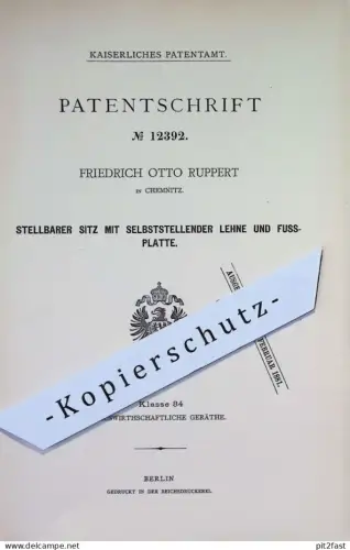 original Patent - Friedrich Otto Ruppert , Chemnitz | 1880 | Sitz mit stellbarer Lehne u. Fußplatte | Stuhl , Hocker !