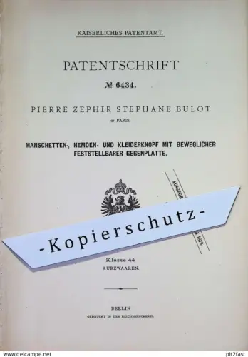original Patent - Pierre Zephir Stephane Bulot , Paris Frankreich | 1878 | Manschettenknopf , Knopf für Hemden | Knöpfe