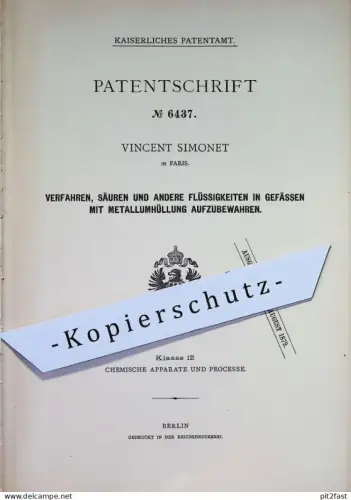 original Patent - Vincent Simonet , Paris , Frankreich | 1878 | Gefäß mit Metallhülle für Säure , Alkohol , Chemiekalien
