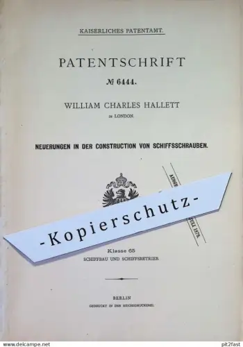 original Patent - William Charles Hallett , London , England | 1878 | Konstruktion von Schiffsschrauben | Schiff Schiffe