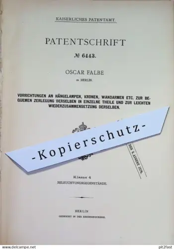 original Patent - Oscar Falbe , Berlin | 1878 | Hängelampen , Kronen , Kronleuchter , Wandarme | Lampe , Lampen