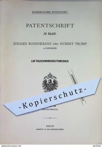 original Patent - Eduard Rosenkranz , Hubert Tromp , Dortmund | 1878 | Luftgeschwindigkeitsmesser | Luft , Luftstrom !
