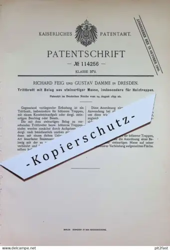 original Patent - Richard Feig | Gustav Damme , Dresden | 1899 | Trittbrett aus steinartiger Masse | Holz - Treppe