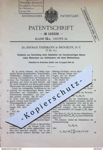original Patent - Dr. Herman Endemann , Brooklyn New York USA | 1904 | harzsäureartiges Säuren - Gemisch | Säure Chemie