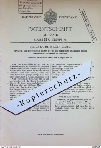 original Patent - Julius Kathe , Köln / Deutz | 1905 | plastische Masse | Plastik , Kasein | Säure , Chemie | Presse