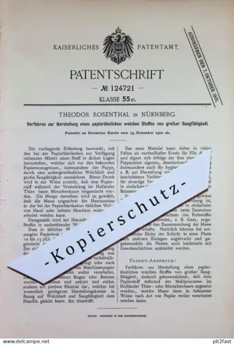 original Patent - Theodor Rosenthal , Nürnberg | 1900 | papierähnlicher Stoff mit hoher Saugfähigkeit | Papier , Pappe !