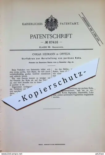 original Patent - Oskar Heimann , Oppeln | 1895 | poröser Koks | Kohle , Brennstoff , Steinkohle , Holz , Kohlen
