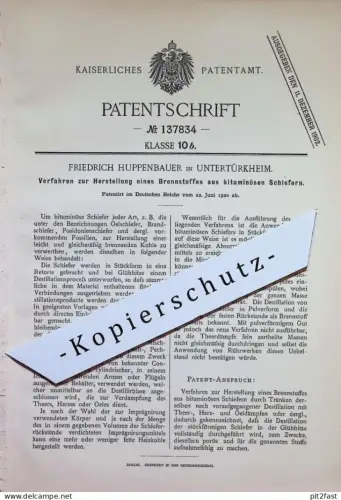 original Patent - Friedrich Huppenbauer , Untertürkheim | 1900 | Brennstoff  aus Bitum - Schiefer | Ofen , Feuerung , Öl