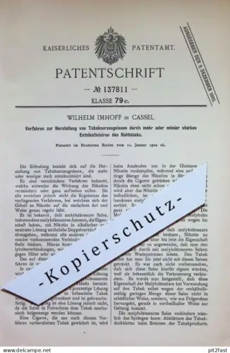 original Patent - Wilhelm Imhoff , Cassel / Kassel | 1902 | Tabakserzeugnisse | Tabak , Zigarren , Zigaretten , Nikotin