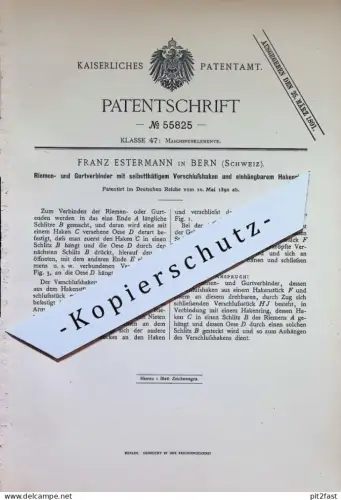 original Patent - Franz Estermann , Bern , Schweiz | 1890 | Riemen- u. Gurtverbinder mit Verschlusshaken | Riemen , Gurt