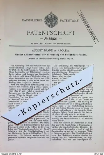 original Patent - August Brand , Apolda | 1890 | Kettenwirkstuhl für Plüschmusterware | Plüsch Webstuhl Weben Wirkstuhl