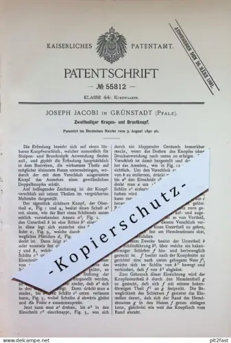 original Patent - Joseph Jacobi , Grünstadt / Pfalz | 1890 | Zweiteiliger Kragenknopf , Brustknopf | Knopf , Knöpfe !