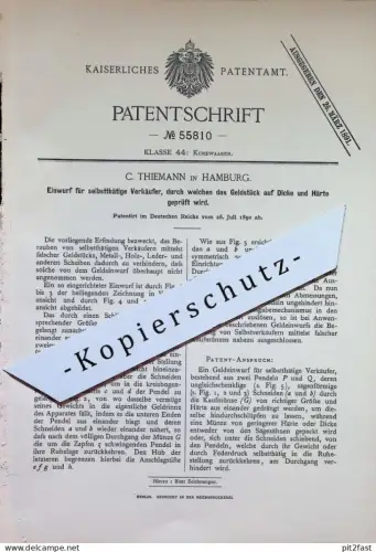 original Patent - C. Thiemann , Hamburg | 1890 | Münzeinwurf für Verkaufsautomat | Geld , Automat , Verkäufer