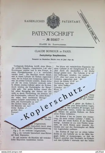 original Patent - Claude Bonjour , Paris , Frankreich | 1890 | Zweizylinder - Dampfmaschine | Motor , Gasmotor , Motoren