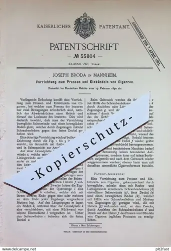 original Patent - Joseph Broda , Mannheim | 1890 | Pressen und Einbündeln von Zigarren | Zigarrenpresse , Tabak , Presse