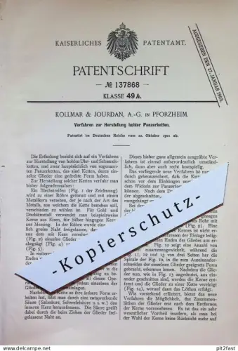 original Patent - Kollmar & Jourdan AG Pforzheim | 1901 | hohle Panzerketten | Panzerkette | Kette , Schmuck Goldschmied
