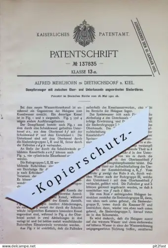original Patent - Alfred Mehlhorn , Kiel / Dietrichsdorf | 1901 | Dampferzeuger mit Siederöhren | Dampfkessel , Kessel