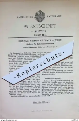 original Patent - Heinrich Wilhelm Hellmann , Berlin | 1902 | Zündkerze für Explosionskraftmaschinen | Motor , Gasmotor