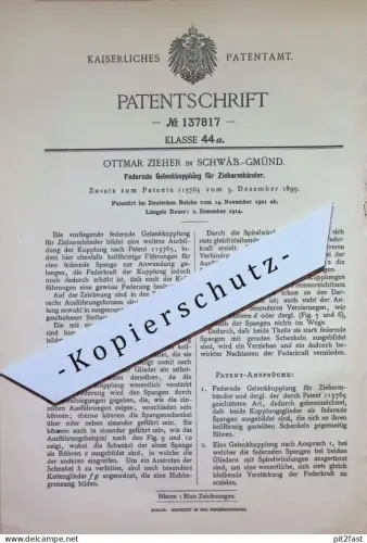 original Patent - Ottmar Zieher , Schwäbisch Gmünd | 1901 | Gelenkkupplung für Zieharmband | Armband , Schmuck , Kette !