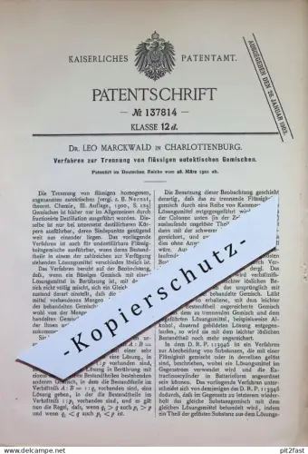 original Patent - Dr. Leo Marckwald , Berlin / Charlottenburg | 1901 | Trennung flüssiger eutektischer Gemische | Chemie