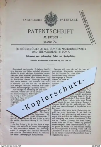 original Patent - Fr. Mönkemöller & Cie. , Bonner Maschinenfabrik & Eisengießerei , Bonn | 1901 | Ziehpresse für Blech