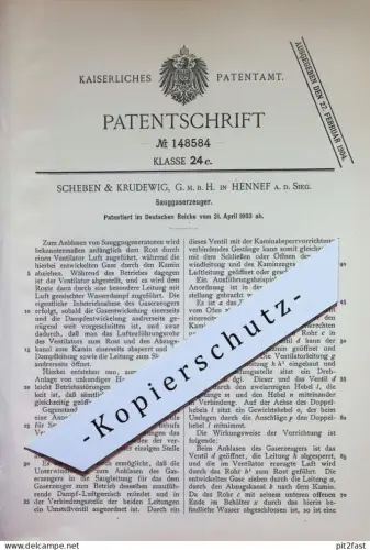 original Patent - Scheben & Krudewig GmbH , Hennef a. d. Sieg | 1903 | Sauggaserzeuger | Gaserzeuger | Gas Ofen , Kamin