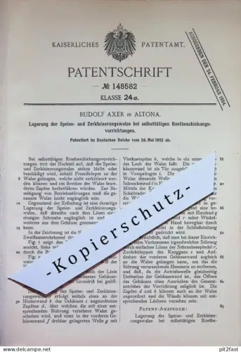 original Patent - Rudolf Axer , Hamburg Altona | 1902 | Speise- u. Zerkleinerungswalze bei Rostbeschickung | Ofen Kessel