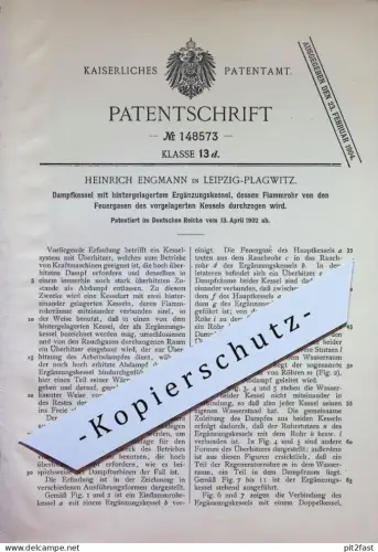 original Patent - Heinrich Engmann , Leipzig / Plagwitz | 1902 | Dampfkessel | Wasserkessel , Kessel , Motor , Gasmotor
