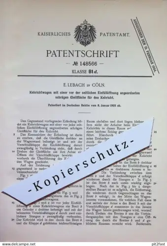 original Patent - E. Lebach , Köln / Rhein | 1903 | Kehrrichtwagen | Müllwagen , Mülltonne , Reinigung , Kehrmaschine